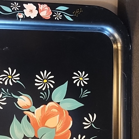 Black Tole Serving Tray Floral Metal Toleware Hand Painted Vintage - Picture 3 of 6